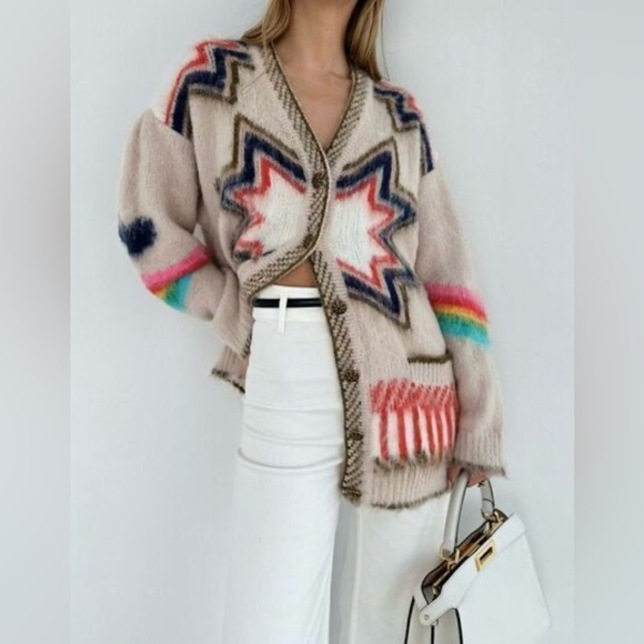 Vita Grace Sweaters - Vita Grace Multicolor Patterned Women's Oversized Sweater, one size.
